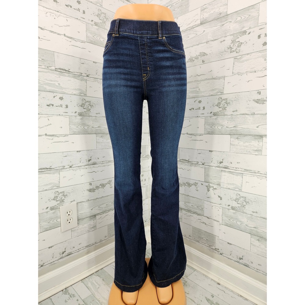 Spanx Flare Jeans Womens Medium Dark Indigo Blue Pull On High Rise Denim